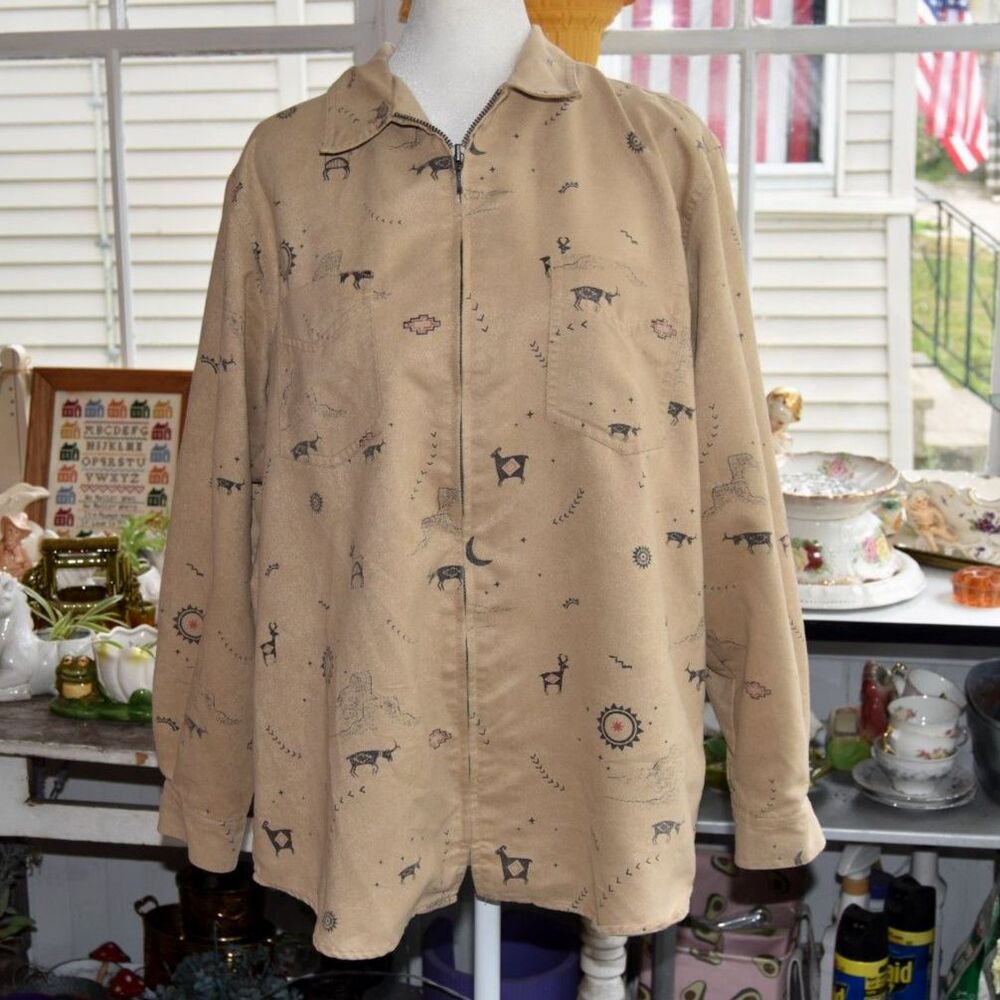 Chico's Design Southwest Desert Print Faux Suede Zip Front Shirt Jacket Sz 2